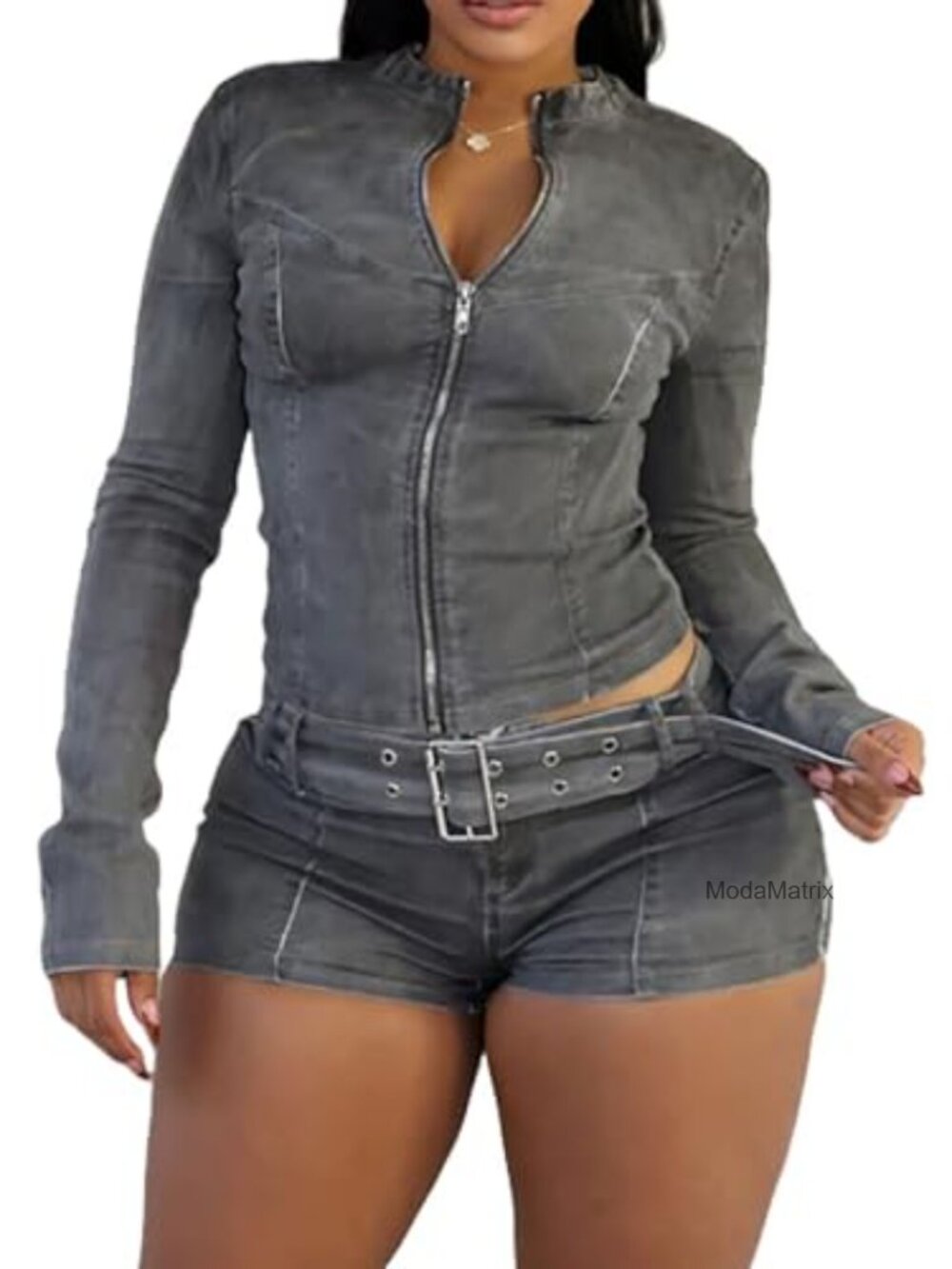 2 Piece Denim Outfits Long Sleeve Cropped Jacket Skinny Jean Shorts Set with